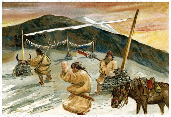 'Flying prayers on the Maium Pass', 1898. Artist: Unknown