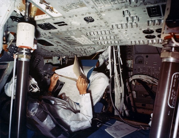 An astronaut inside a NASA Command Module, 1970s.Artist: NASA