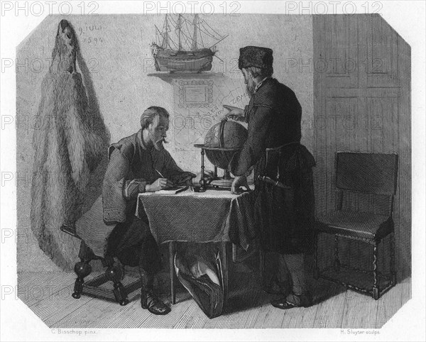 Willem Barents and Jacob van Heemskerk charting their route, 1596 (c1870). Artist: H Sluyter