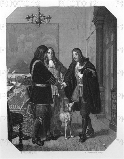 Handshake between Cornelis Tromp and Michiel de Ruyter, 17th century (c1870). Artist: JH Rennefeld