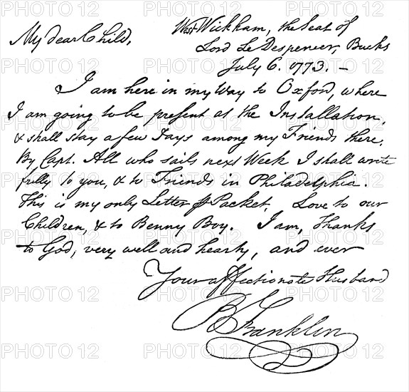 Facsimile of a letter from Benjamin Franklin to his wife, 1773 (c1880). Artist: Unknown