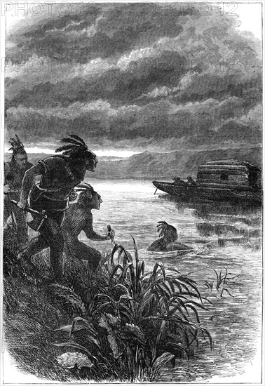 Traders on the Ohio River attacked by Native Americans, 18th century (c1880). Artist: Unknown