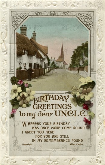 'Birthday Greetings to My Dear Uncle', birthday card, c1940.Artist: Valentine