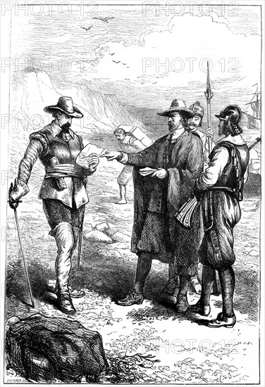 Samuel Gorton's landing in America, c1636 (c1880).Artist: Whymper