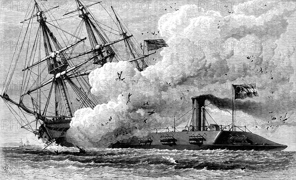 The Confederate ironclad 'Merrimac' sinking the USS 'Cumberland', 1862 (c1880). Artist: Unknown