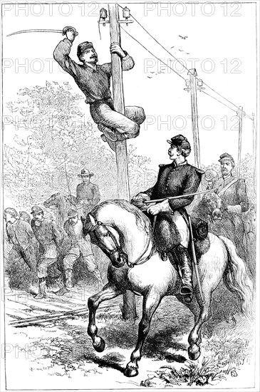 Stuart's cavalry cutting telegraph wires, American Civil War, c1861-1864 (c1880). Artist: Unknown