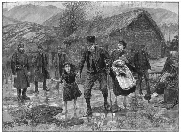 Scene at an Irish eviction in County Kerry, 1887. Artist: P Naumann