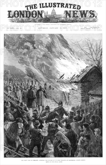 Burning the houses of evicted tenants at Glenbeigh, County Kerry, Ireland, 1887. Artist: A Forestier