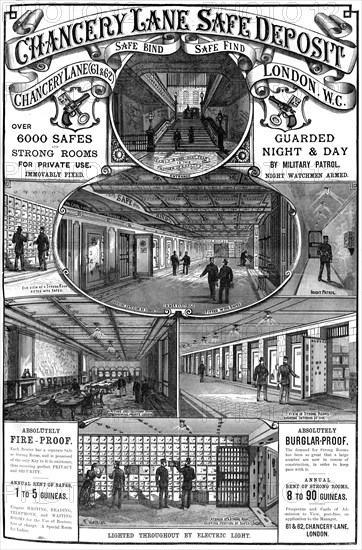 Advert for Chancery Lane Safe Deposit, London, 1887. Artist: Unknown