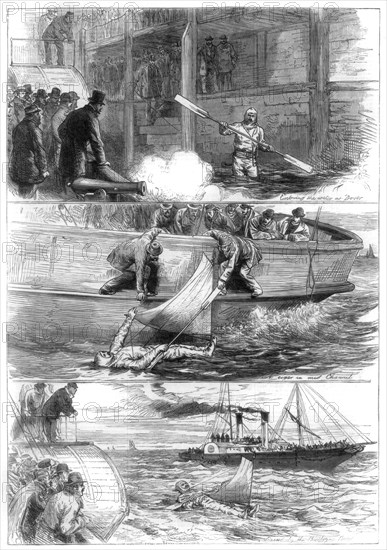 Captain Boyton's voyage across the Channel, 1875. Artist: Unknown