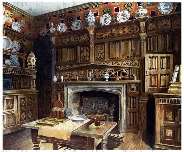 The panelled study at Groombridge Place, Kent, 1910.Artist: Edwin Foley