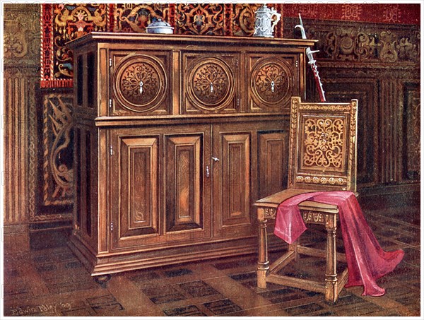 Oak cabinet and walnut chair, 1910.Artist: Edwin Foley