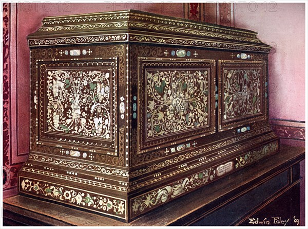 Inlaid jewel casket of walnut wood with panelled front, sides and top, 1910.Artist: Edwin Foley
