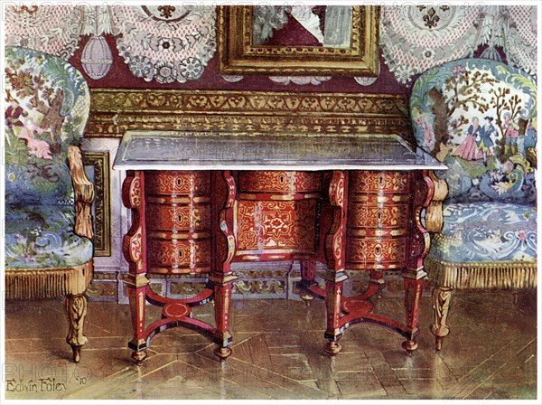 Kneehole writing table and gilt fauteuils, 1910. Artist: Edwin Foley