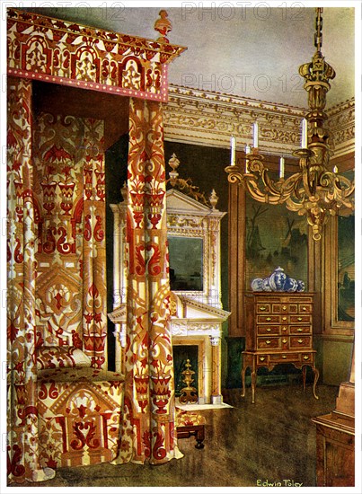Queen Anne's bed, chest of drawers upon a stand and a wooden candelabra, 1910.Artist: Edwin Foley
