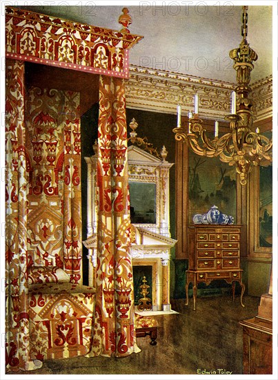 Queen Anne's bed, chest of drawers upon a stand and a wooden candelabra, 1910.Artist: Edwin Foley