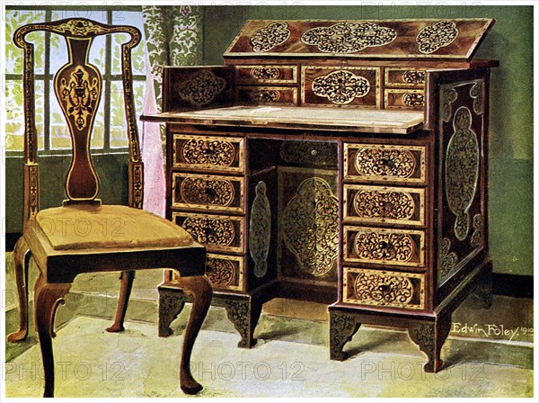 Walnut inlaid writing table, 1910.Artist: Edwin Foley