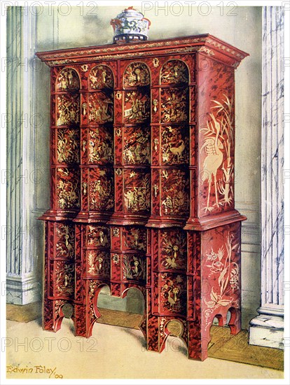 Red and gilt lacquer double chest of drawers, 1910.Artist: Edwin Foley