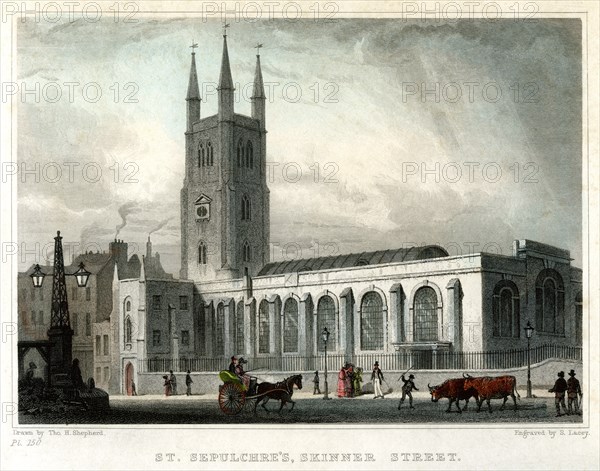 St Sepulchre's Church, Skinner Street, City of London, c1830.Artist: S Lacey