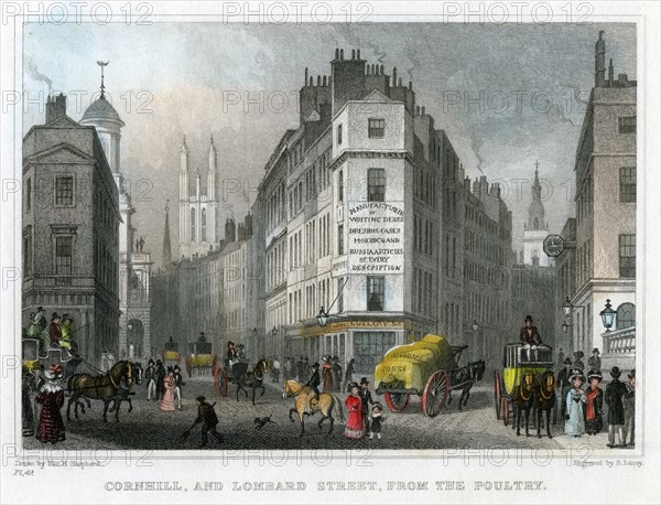 Cornhill and Lombard Street from Poultry, City of London, 1830.Artist: S Lacey