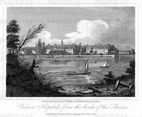 Chelsea Hospital, from the Banks of the Thames, London, 1816.Artist: W Wallis