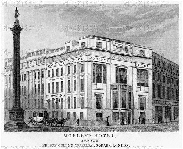 Morley's Hotel and Nelson's Column, Trafalgar Square, Westminster, London, 19th century. Artist: Unknown