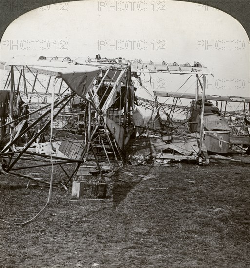 Wreck of a German bomber that tried to break through the aerial defence, World War I, 1914-1918.Artist: Realistic Travels Publishers