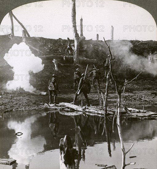 Soldiers crossing the river Ancre, Battle of the Somme, France, World War I, 1916.Artist: Realistic Travels Publishers