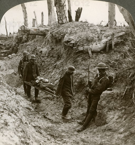 German prisoners carrying British wounded, World War I, 1916.Artist: Realistic Travels Publishers