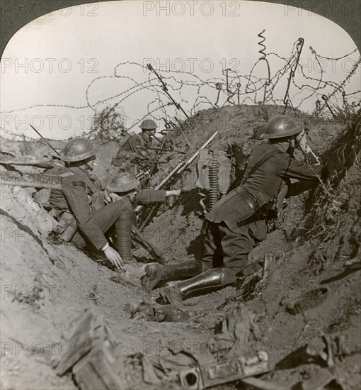 Observation officer and signallers keep a sharp lookout, St Quentin, France, World War I, 1914-1918.Artist: Realistic Travels Publishers