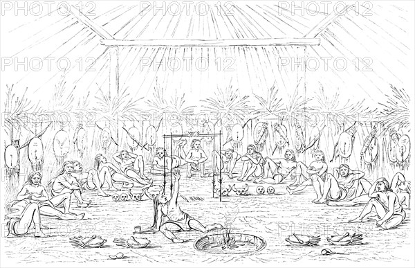 Medicine man and teepee interior, 1841.Artist: Myers and Co