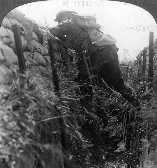 Canadian infantry in the trenches, World War I, 1914-1918.Artist: Realistic Travels Publishers