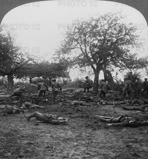 First World War battlefield scene, 1914-1918.Artist: Realistic Travels Publishers