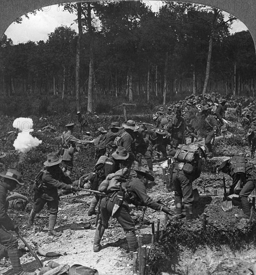 Captured trenches strengthened to withstand counter-attack, World War I, 1914-1918.Artist: Realistic Travels Publishers