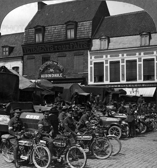 Lorries and motorcycles of the Indian Army Corps, Merville, France, World War I, 1914-1918.Artist: Realistic Travels Publishers