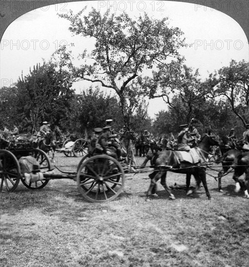 Horse-drawn artillery, World War I, 1914-1918.Artist: Realistic Travels Publishers