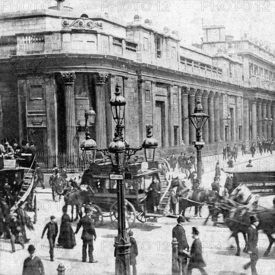 Traffic passing the Bank of England, London, c late 19th century. Artist: Unknown