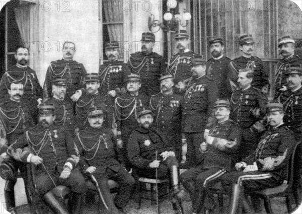 Georges Boulanger, French general and politician, with other army officers, 1888. Artist: Unknown