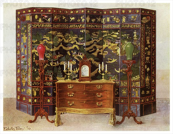 Curved commode table and Chinese lacquered eight fold screen, 1911-1912.Artist: Edwin Foley