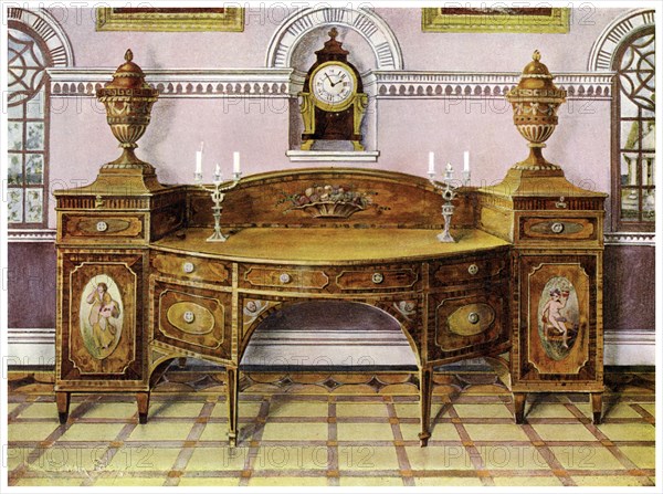 Painted and inlaid satinwood sideboard and mahogany bracket clock, 1911-1912.Artist: Edwin Foley