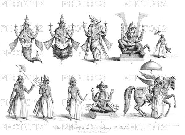 'The Ten Abatars or Incarnations of Vishnu'.Artist: A Thom