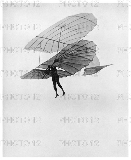 Otto Lilienthal makes one of his last flights, 1896 (1956). Artist: Unknown