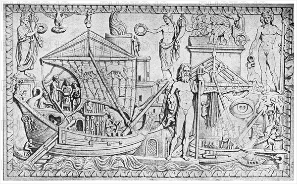 Relief showing the Roman lighthouse at Ostia, port of Rome, Italy, 1956. Artist: Unknown