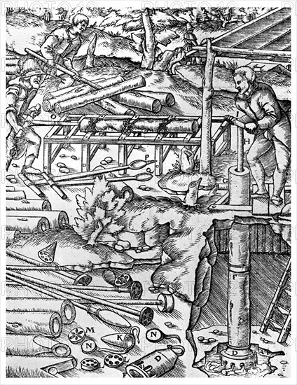 Making and using elm tree pumps to drain mines before the days of the steam engine, 1556 (1956). Artist: Unknown