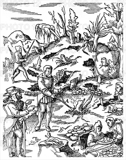 Prospecting for metals, 1556 (1956). Artist: Unknown