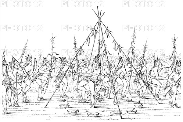 Medicine men dance around a cooking pot giving thanks to the Great Spirit, 1841.Artist: Myers and Co