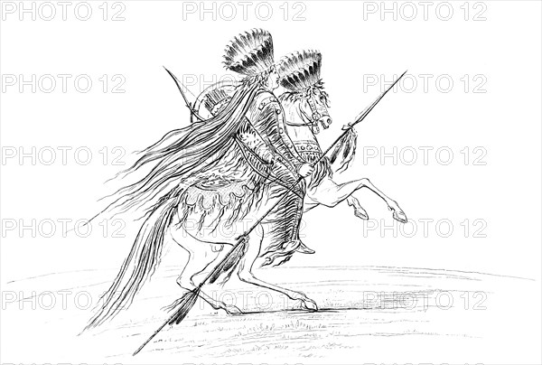Native American male with weapons and headdress, riding a horse, 1841.Artist: Myers and Co