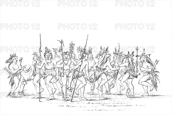 The Sioux tribe performing a beggar dance, 1841.Artist: Myers and Co