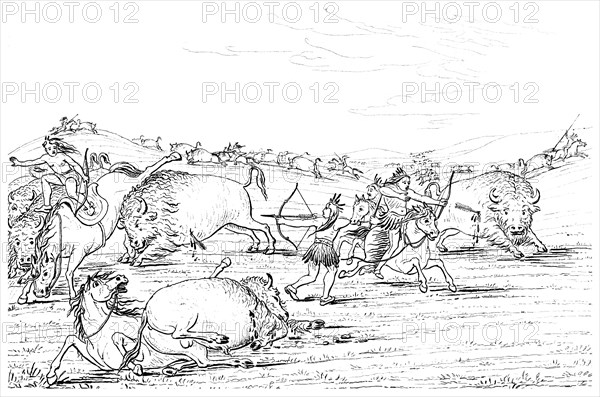 Native Americans hunting buffalo, 1841.Artist: Myers and Co