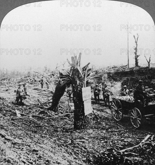 Engineers repairing a light railway, Hangard, France, World War I, 1914-1918.Artist: Realistic Travels Publishers